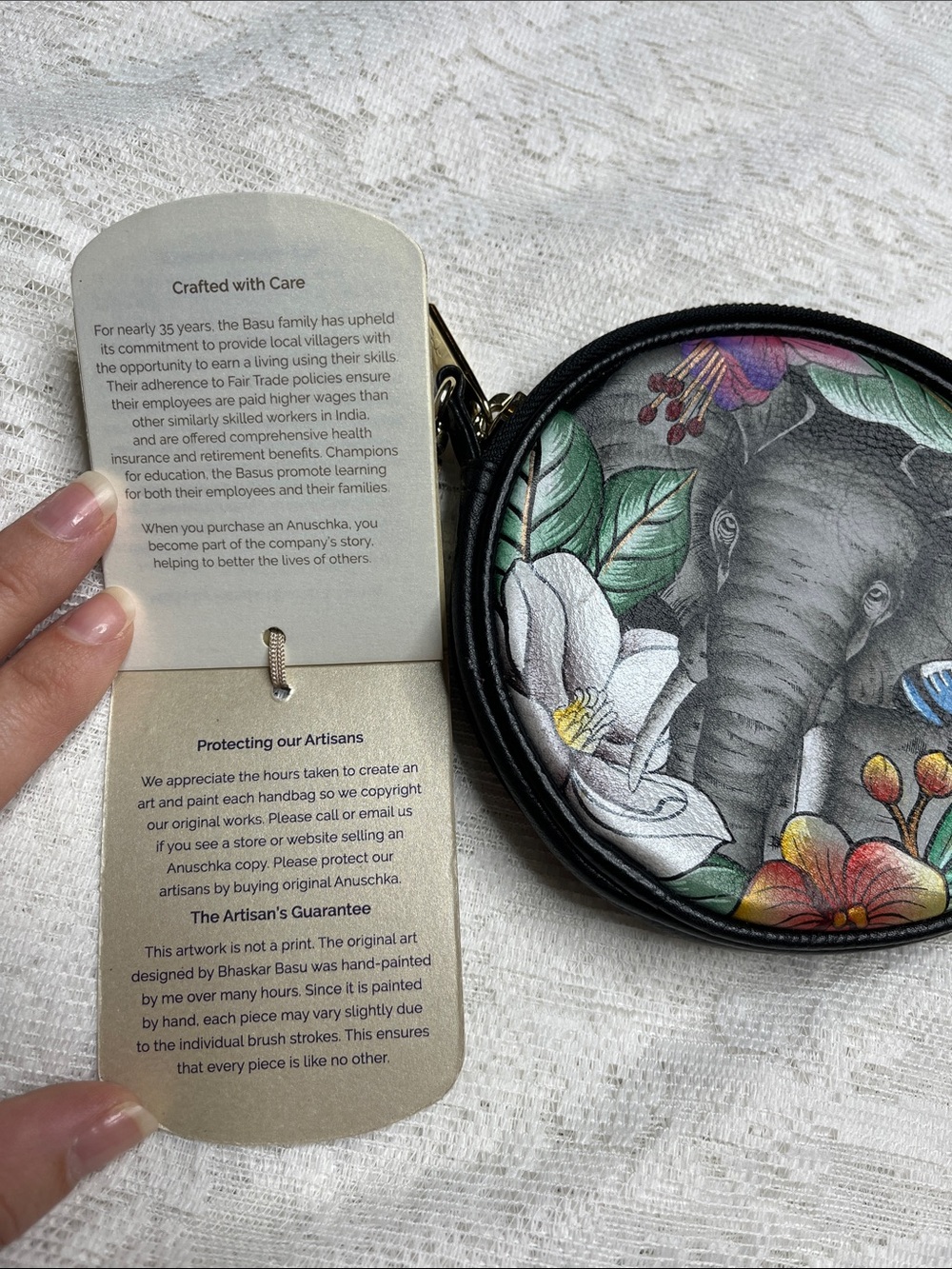 Anuschka Hand-Painted Elephant Coin Purse in Black with Floral Accents - Picture 8 of 8